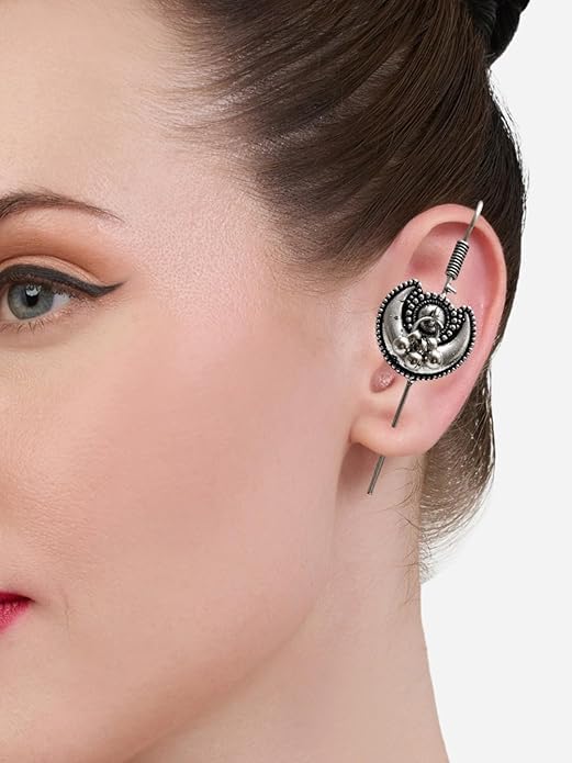 El Regalo Oxidized German Silver Needle Ear Wrap Earrings- Quirky Fashions Pin Bugadi Earrings (Crescent Moon with Ghungroo)
