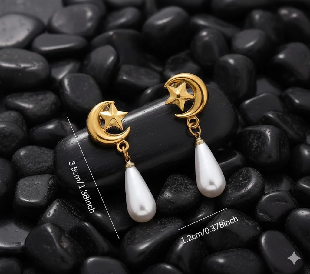 El Regalo Elegant 18K Gold Plated Stainless Steel Drop Earrings for Women & Girls | Tarnish-Free, Waterproof, Hypoallergenic Statement Fancy Western Earring Collection | Variations: Bow, Moon & Star, Starfish, Knot | For Office, Party & Gifting (Pearl Moo