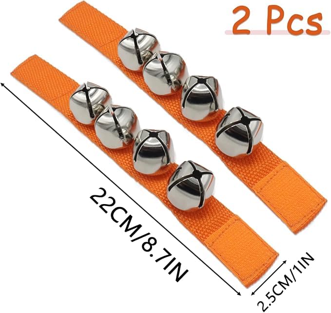 El Regalo 2PCs Jingle Bells Christmas Bracelets | Wrist & Ankle Bells for Party Favors, Musical Rhythm & Christmas Decor | Adjustable Percussion Instruments (Orange)