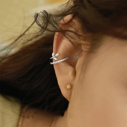 El Regalo 1 Pair CZ Leaf Ear Cuff Wrap Earring for Women Girls- Crystal Cartilage Earring-Fake Huggie Hoop Stud Clip On Non Piercing Dainty Earrings (Silver)