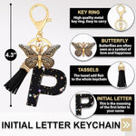 El Regalo Personalized Name Initials Butterfly Charm Keychain - Name Letter Keyring with Black & Golden Tassel & Butterfly Pendant, Purse, Bag, Backpack Accessory (P Letter)