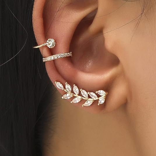 El Regalo 3 PCs Ear Cuff Earrings (Pierced & Non-Pierced) for Girls & Women- 1 Pierced Leaf Ear Cuff & 2 Non- Pierced Earrings Adjustable Sparkling Circle Ear Clip CZ Styles