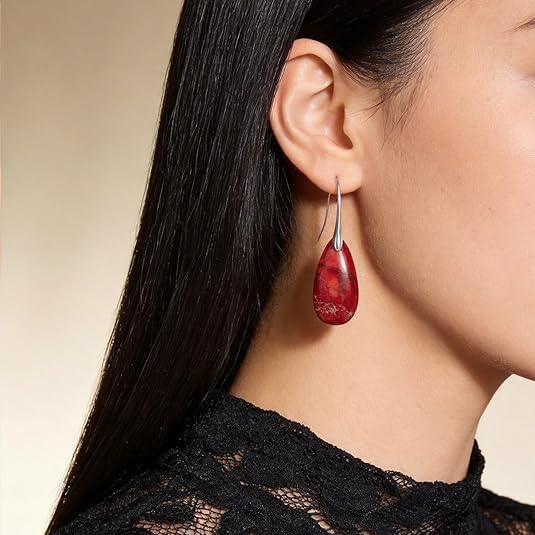 El Regalo Elegant Natural Stone Drop Earrings for Women | Vintage Teardrop Boho Dangle Earrings | Anti-Tarnish Western Statement Jewellery for Girls & Women (Red Silver)