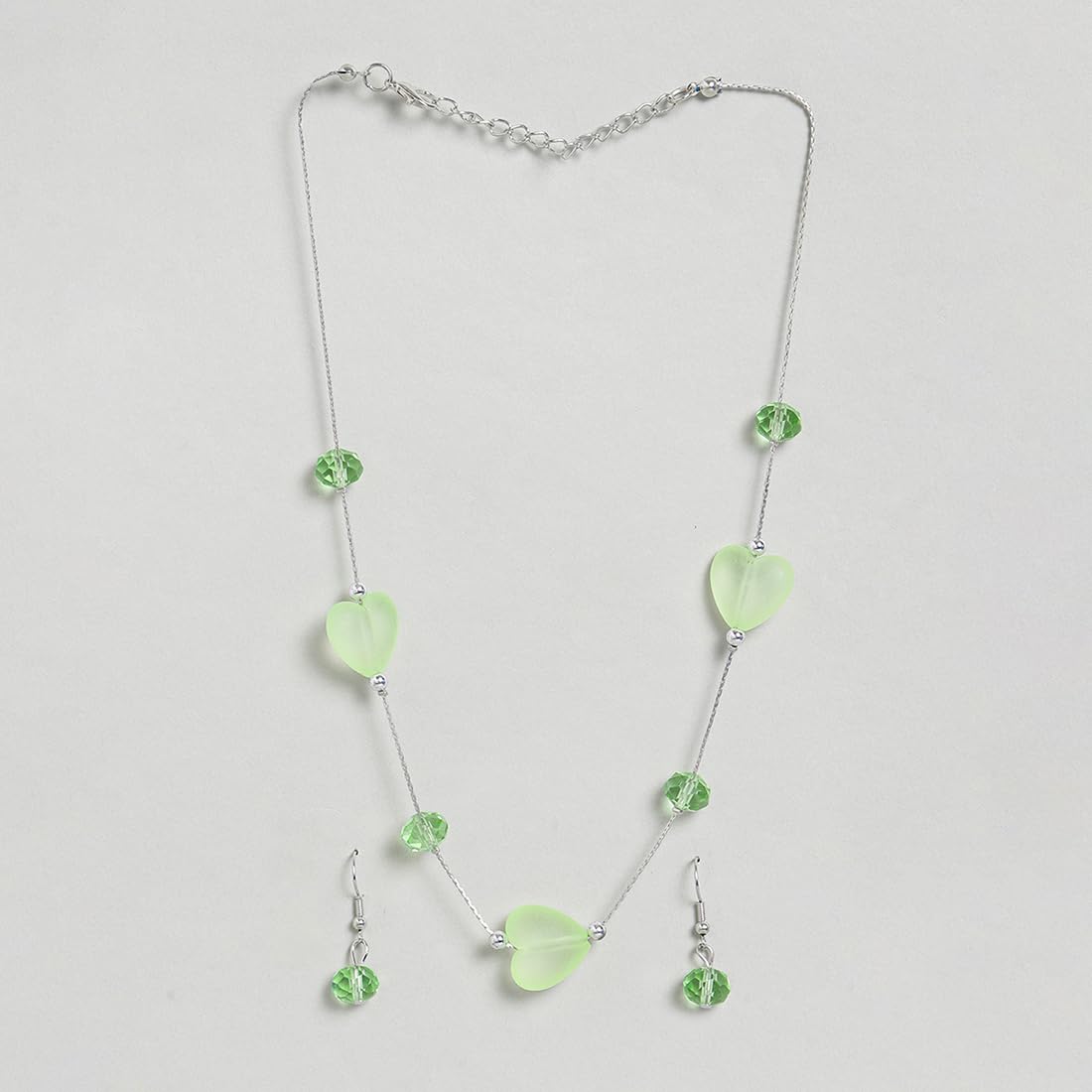 El Regalo 2PCs Crystals Beads Necklace & Earrings Jewelry Set for Kids/Girls & Teens - Shimmering/Matt Crystal Beads Fancy Jewelry Set (Green Hearts)