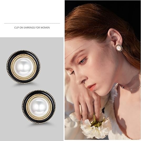 El Regalo Big Pearl Clip On Earrings for Non Pierced Ears- Round Faux Pearl Clip On Fake Non Piercing Earring (Black Enamelled)