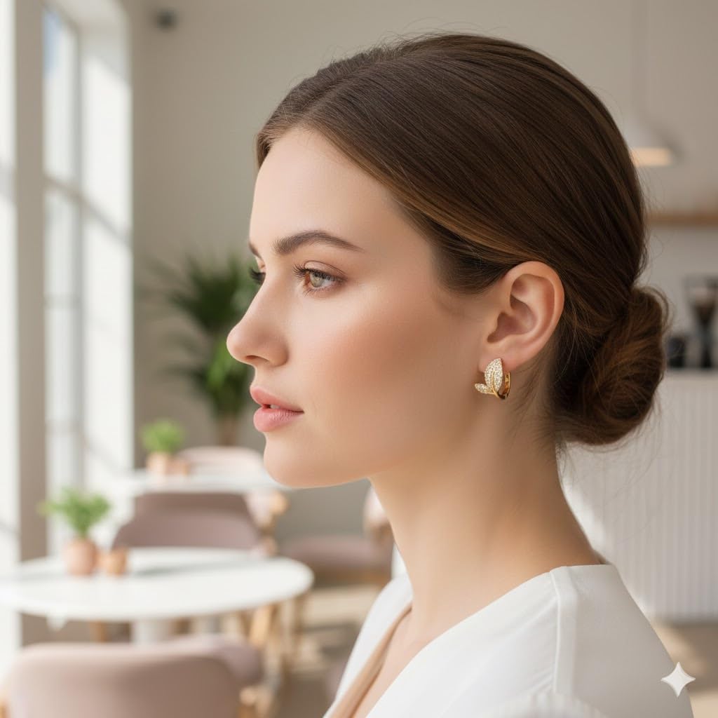 El Regalo Dainty CZ Crystal Leaf Huggie Hoop Earrings for Women & Girls - Cute & Sparkling American Diamond Marquise Leaf Bali Earrings (Gold)