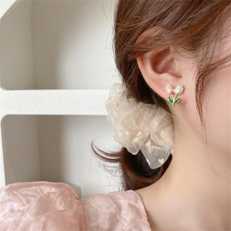 El Regalo Cute Tiny Pink Tulip Flower Bud Stud Earrings for Girls & Women (2 Tulip Buds)