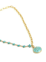 El Regalo Statement Evil Eye Golden Chain Shell Pendant Necklace- Hypoallergenic Enameled Shell Pendant Evil Eye Beaded Chain Necklace for Girls & Women