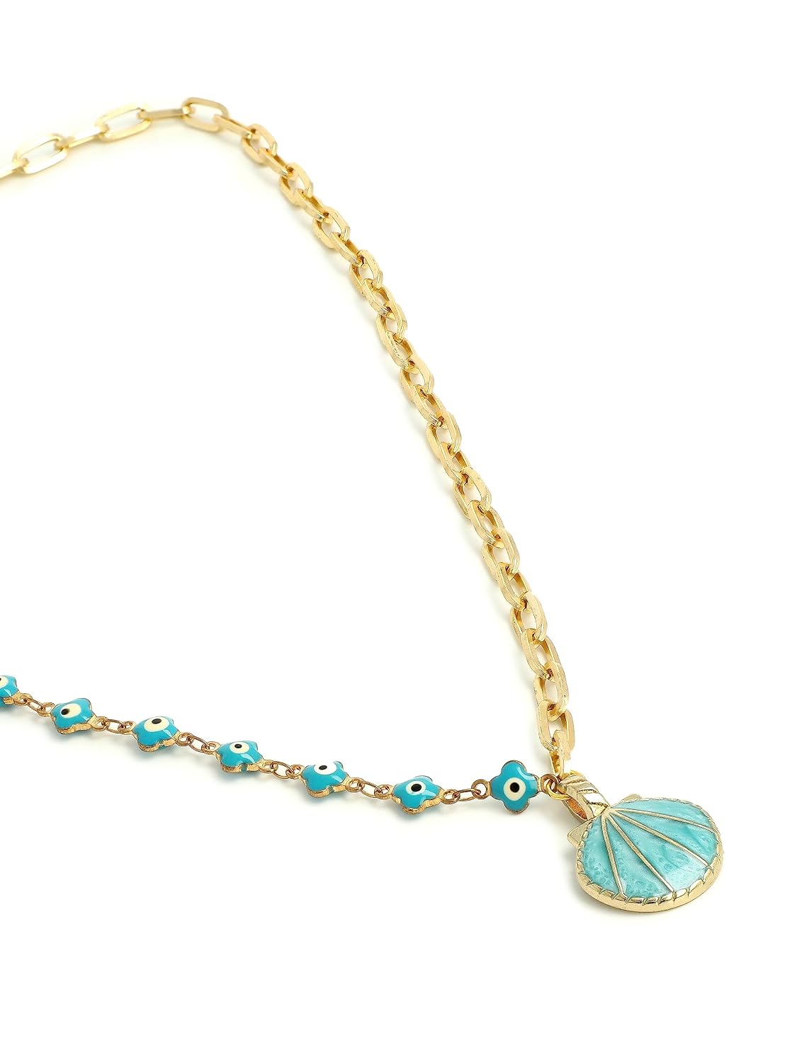 El Regalo Statement Evil Eye Golden Chain Shell Pendant Necklace- Hypoallergenic Enameled Shell Pendant Evil Eye Beaded Chain Necklace for Girls & Women