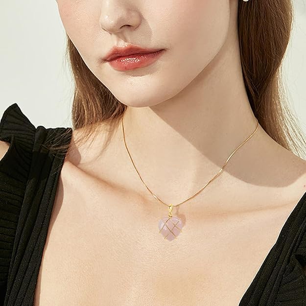 El Regalo Rose Quartz Heart Opal Pendant Necklace for Women & Girls - Elegant Light Pink Crystal Necklace - Romantic Jewelry for Birthday, Anniversary & Valentine's Day