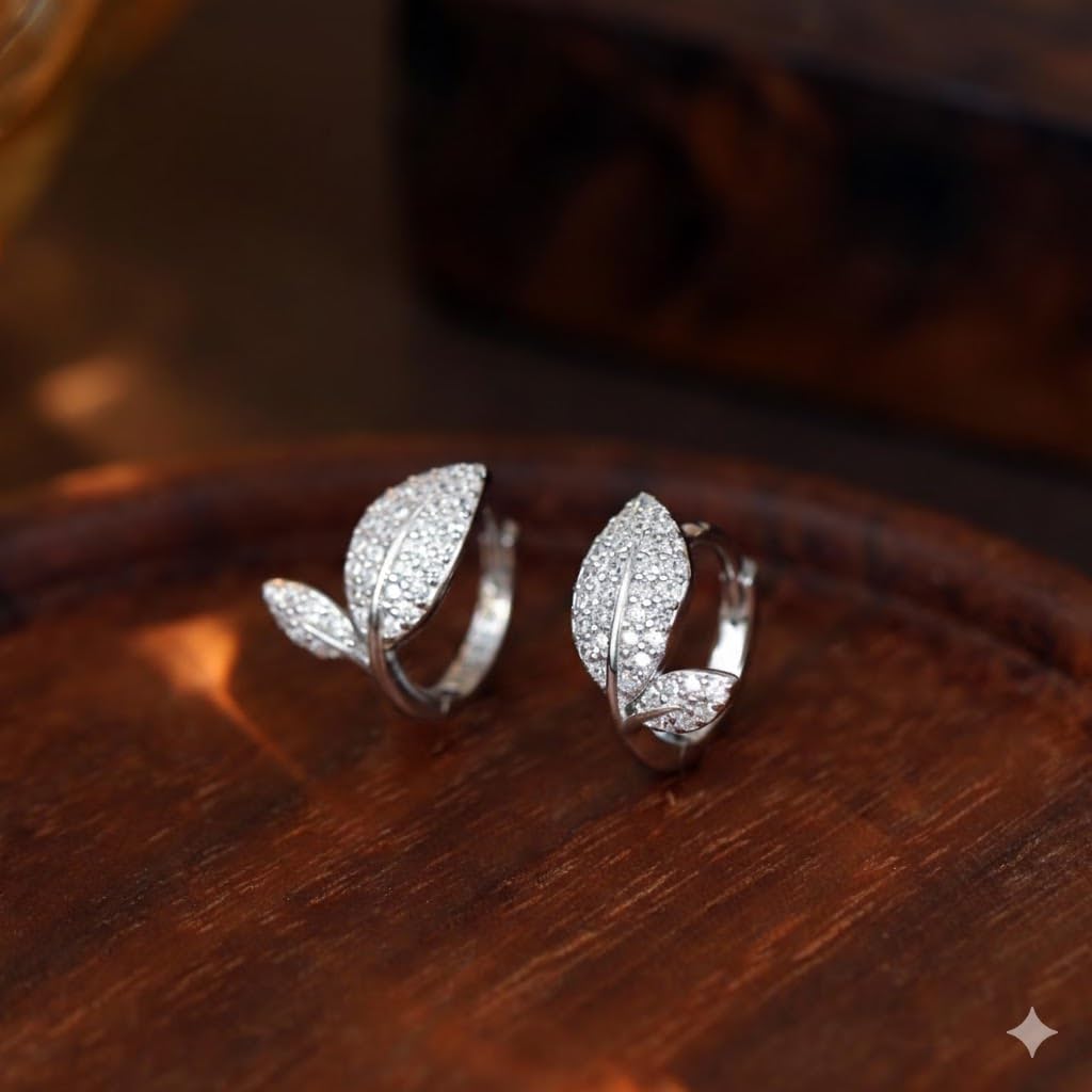 El Regalo Dainty CZ Crystal Leaf Huggie Hoop Earrings for Women & Girls - Cute & Sparkling American Diamond Marquise Leaf Bali Earrings (Silver)