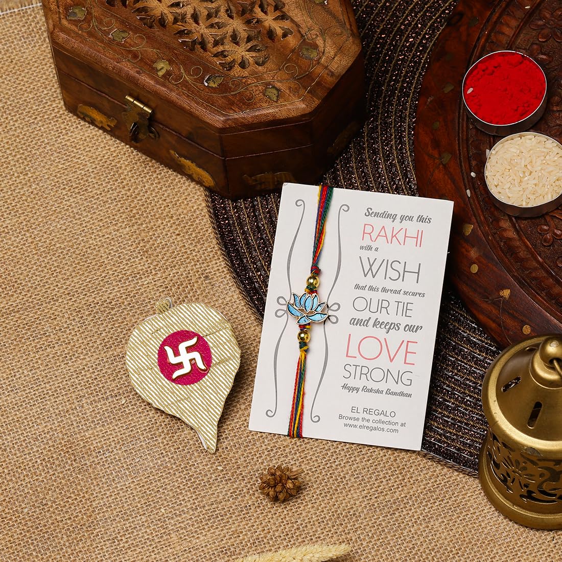 El Regalo 1PC Simple Lotus Flower Rakhi for Brother- Minimalist Lotus Thread Rakhi with Roli Chawal, Rakhi Message Card in Rakhi Gift Box (Option-2)