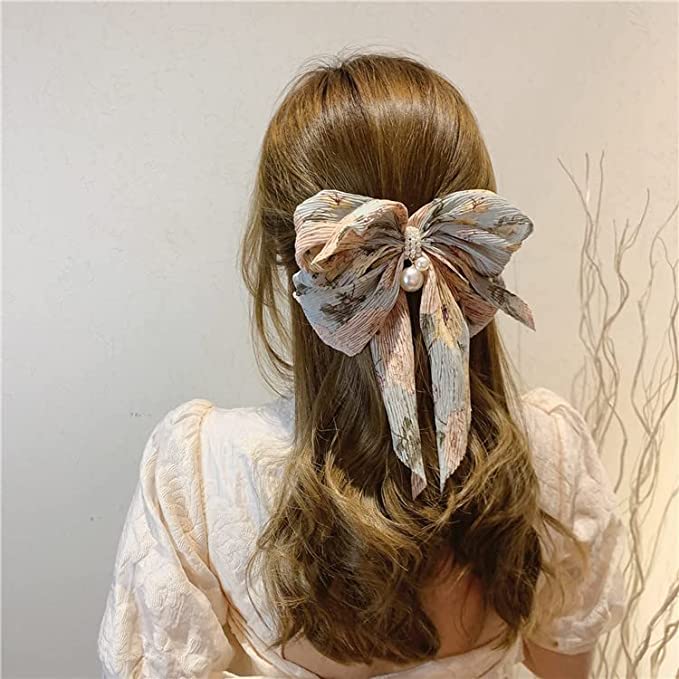 El Regalo Big Bow Floral Hair Clip- Long Ribbon Streamer Super Fairy Fashion Hair Accessories Head Hairpin Headdress Hair accessories for Girls/Women (Greenish Shade)