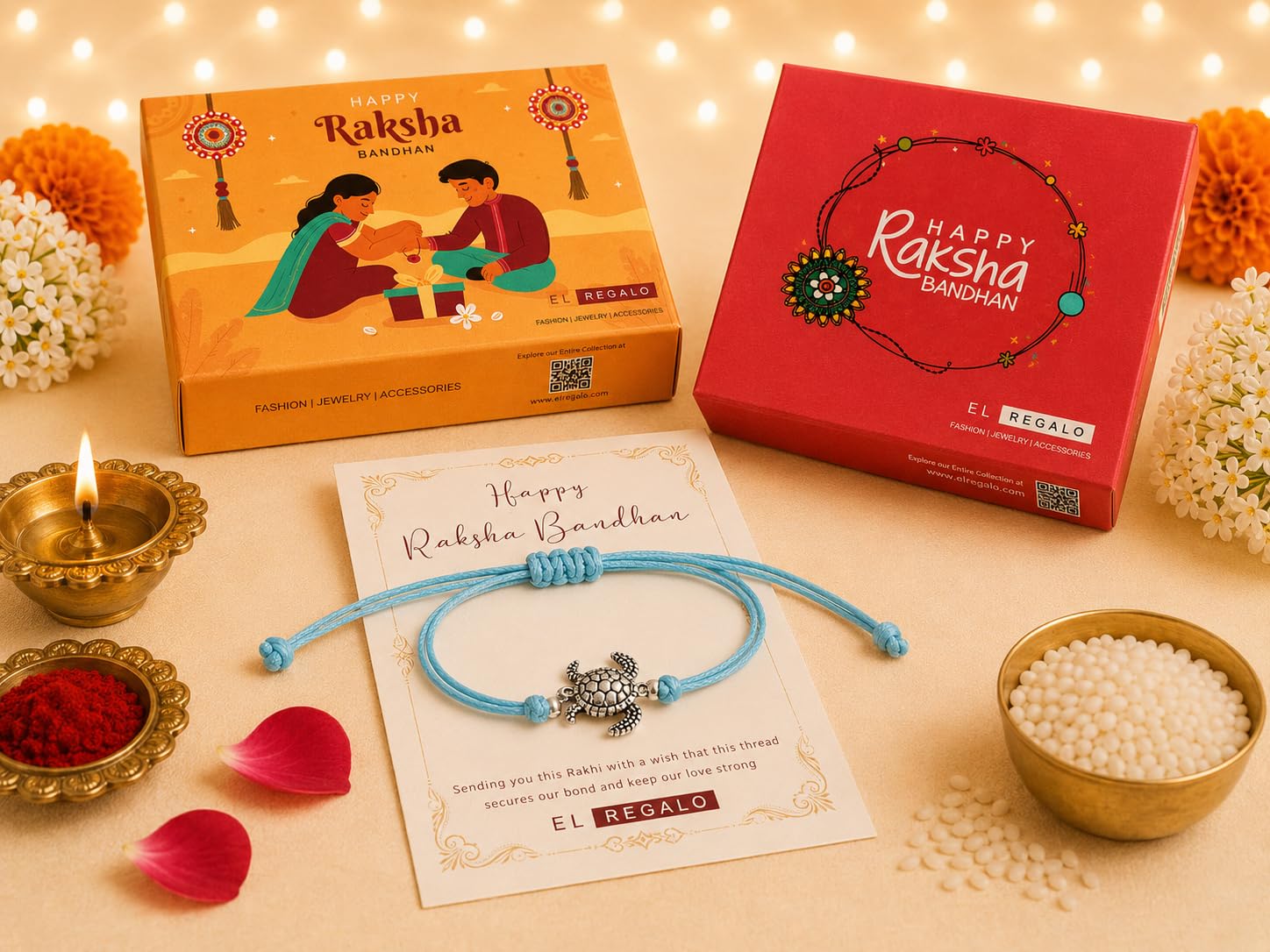 El Regalo Minimalist Lucky Turtle Adjustable Bracelet Rakhi for Brother- Blue