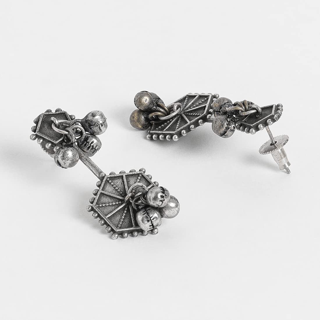 El Regalo Oxidized Brass Retro Earrings for Girls & Women: Silver Lookalike Indian Traditional Studs Earrings in Antique Silver Finish