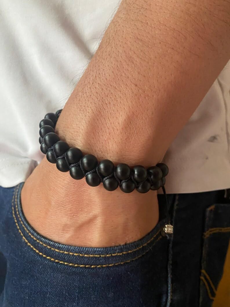 El Regalo 1 PC Tiger Eye & Black Onyx Matte Finish Double Layered Unisex Adjustable Bracelet - Men & Women Bracelet For Reiki Healing (Black Matt Stones Bracelet)