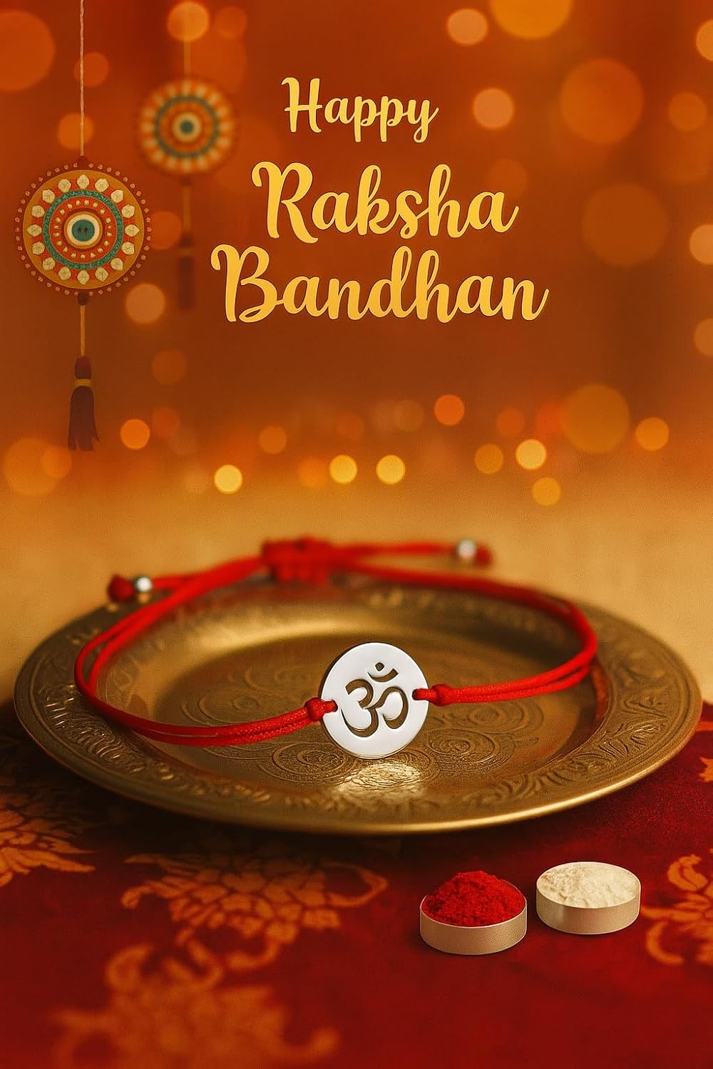 El Regalo OM Red Rakhi for Brother- Silver & Gold Plated Stainless Steel OM Bracelet Rakhi for Bhai with Roli Chawal in Rakshabandhan Box- Adjustable for Babies to Adults (Silver)