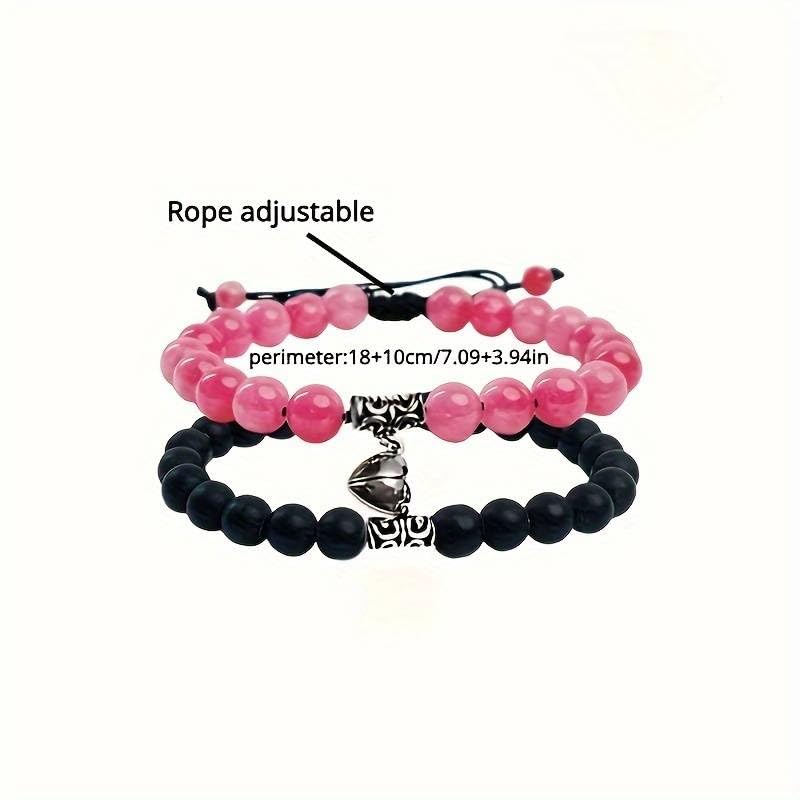 El Regalo Unisex Adult 4Pcs/Set Valentines Day Special- Love Friendship Magnet Heart Bullet Stones Necklace & Bracelet Set For Couples/Best Friends/Besties (Peachy Pink & Black)