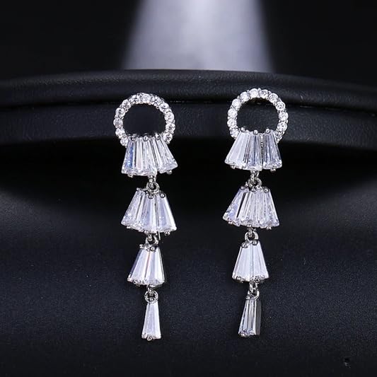El Regalo Chandelier Earrings with Slender Crystal Baguettes - Silver Plated Drop Pendant CZ Earrings for Women & Girls - Full Paved Cubic Zirconia Crystal Hanging Earrings