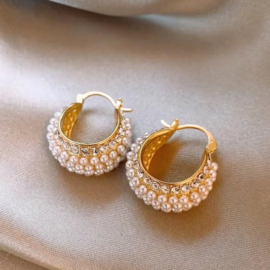 El Regalo Gorgeous U-Shaped Basket Pearls Crystal Earrings- Elegant 14K Gold Plated CZ & Pearls Hoop Party Earrings for Women