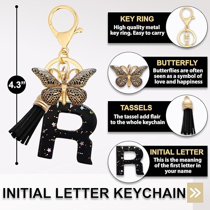 El Regalo Personalized Name Initials Butterfly Charm Keychain - Name Letter Keyring with Black & Golden Tassel & Butterfly Pendant, Purse, Bag, Backpack Accessory (R Letter)