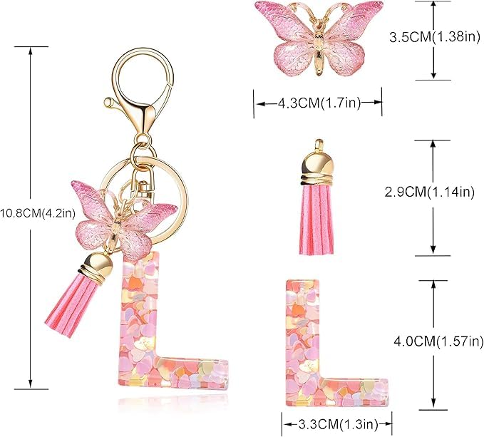 El Regalo Personalized Name Initials Butterfly Charm Keychain - Custom Letter Keyring with Pink Tassel & Butterfly Pendant, Purse, Bag, Backpack Accessory (L Letter)
