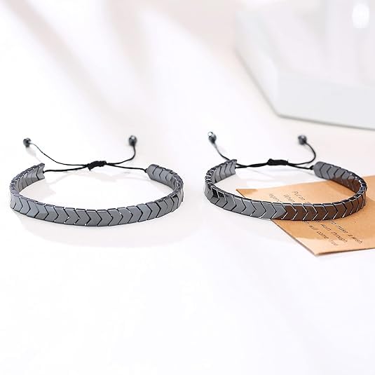 El Regalo Unisex-Adult 2 Pcs Braided Black Hematite Arrow Heart Adjustable Bracelets Set for Couples - Natural Gemstone Link Bracelet (Arrow Hematite)