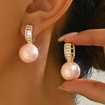 El Regalo Premium Inlaid CZ Pearl Hoop Earrings for Women & Girls | Elegant Korean Style Pearl Drop Huggie Earrings | Party, Wedding & Daily and Office Jewelry (Pink)