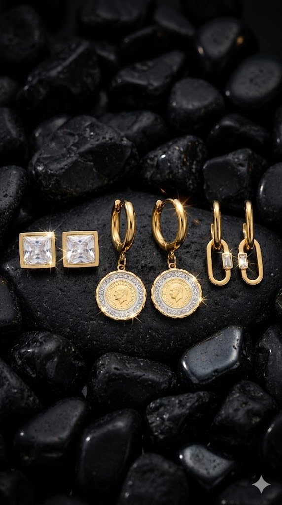 El Regalo Luxury 3 Pairs Earrings Combo Set for Girls & Women | 18K Gold Plated Anti-Tarnish Evil Eye & Clover Motif Earrings | Western Jewelry for Office, Party & Casual Style (Style-3)