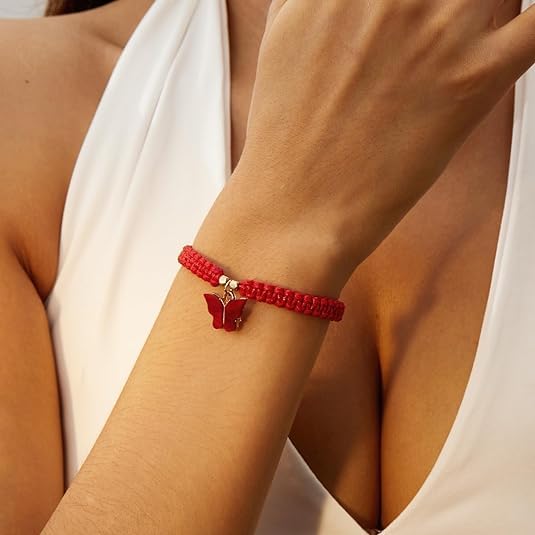 El Regalo 1 PC Beautiful Butterfly Charm Bracelets for Girls & Women - Handmade Colorful Braided Butterfly Adjustable Bracelet (Red)