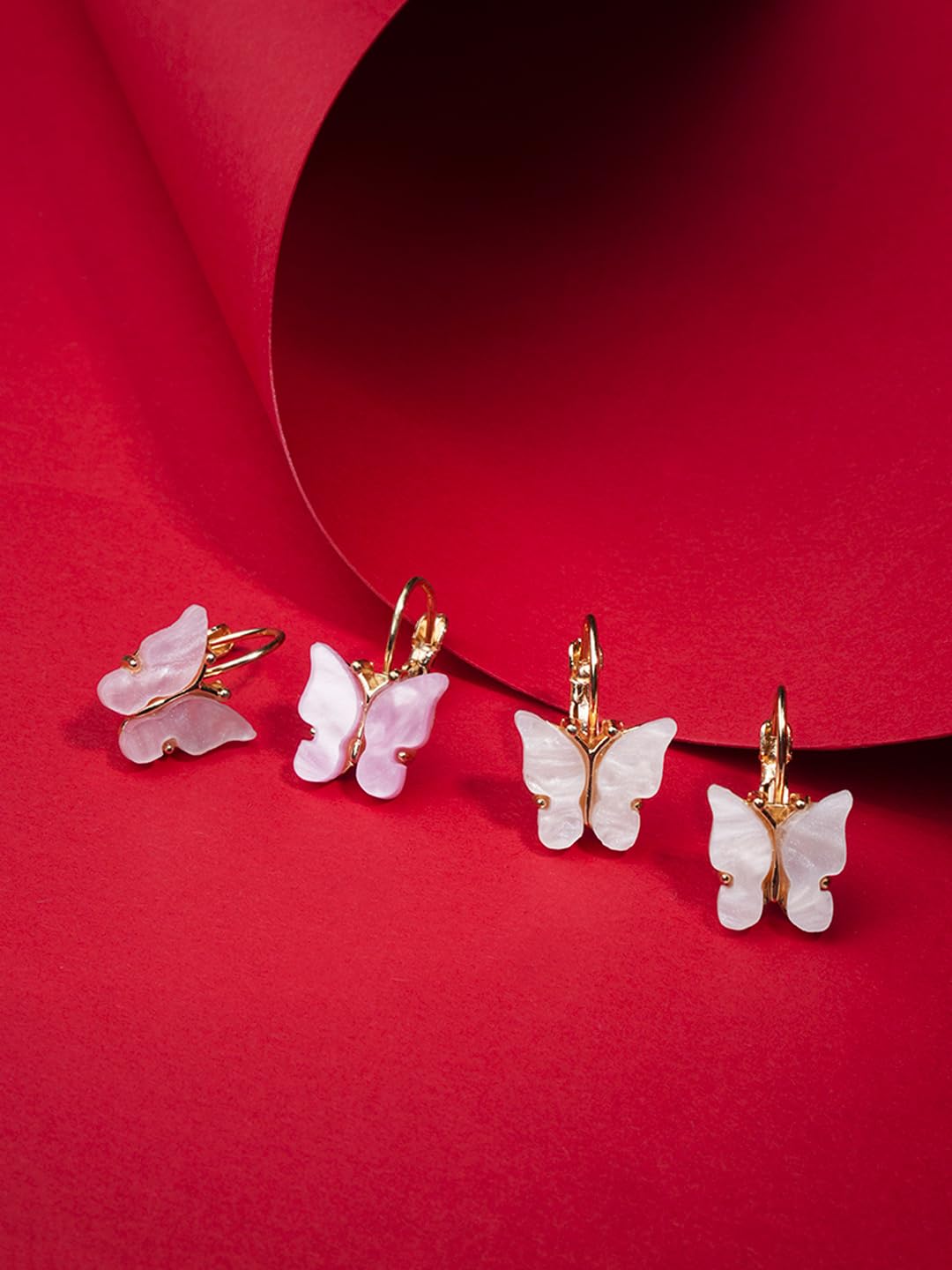 El Regalo Cute 2 Pairs Butterfly Lever Hook Earrings Combo for Girls & Women- Elegant Small Butterfly Hoop Earrings- Gift for Girls/Her (White & Pink)