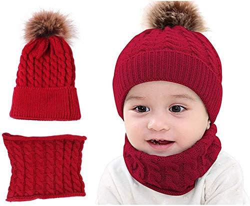 El Regalo Knitted Winter Hat and Scarf Combo Set for Kids. Warm Cap Beanie Pom Pom (Red)