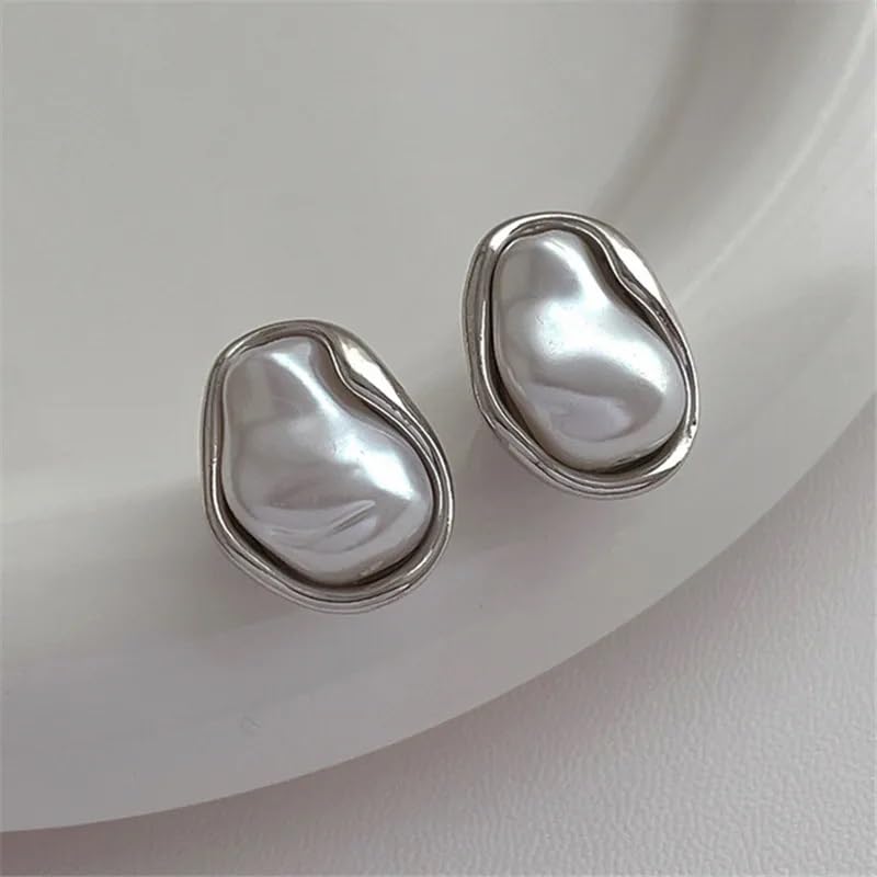 El Regalo Womens Classic Baroque Faux Pearl Stud Earrings, Elegant French Style, Irregular Pearl Stud Earrings- Elegant Vintage Style Irregular Geometric (Abstract Silver Pearl)