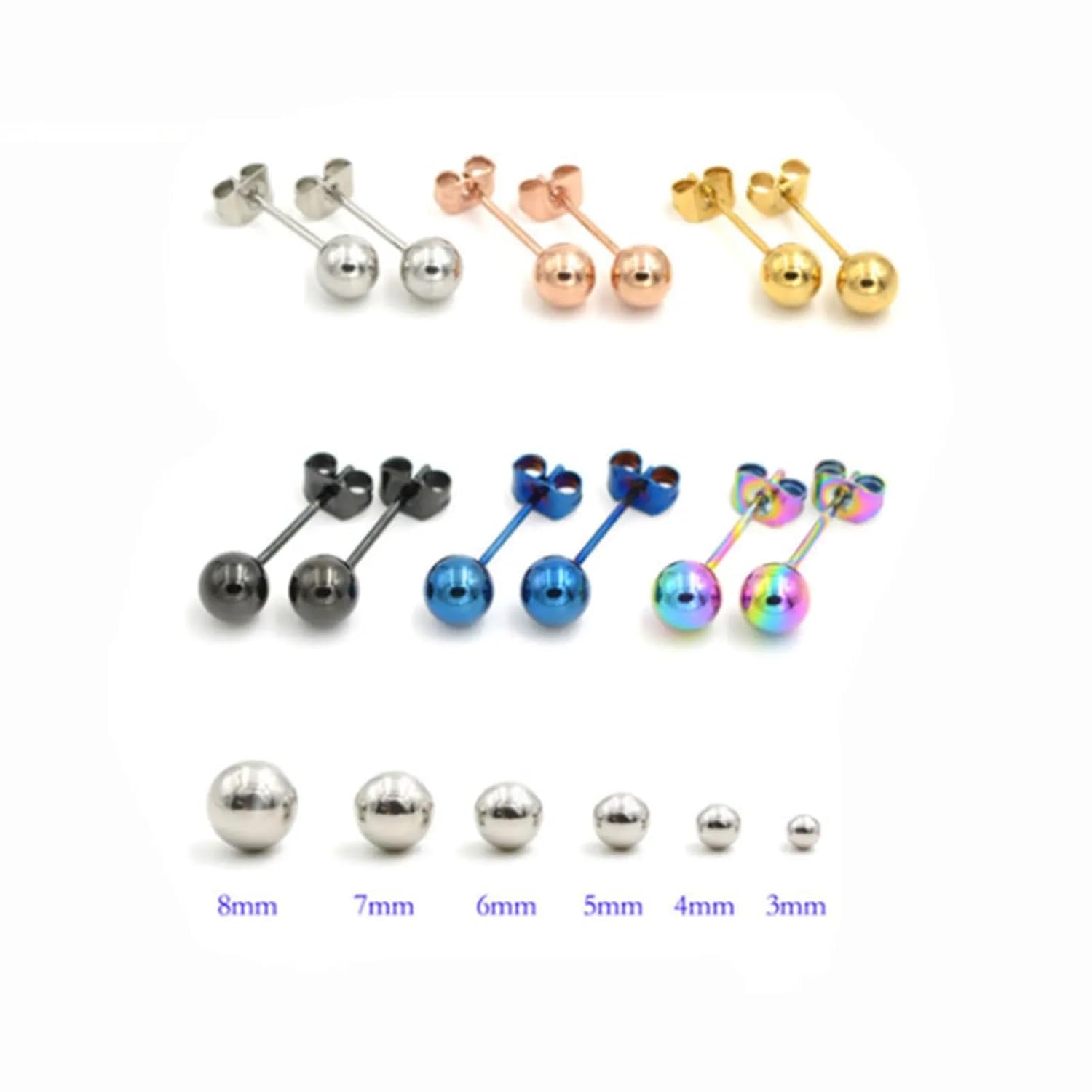 El Regalo 6 Pairs Mix Color Stainless Steel Ball Stud Unisex Earrings for Men Women- 6MM Anti Tarnish Minimalist Studs
