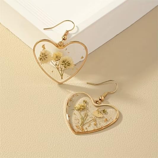 El Regalo Beautiful Transparent Heart Dried Flower Earrings for Women | Handmade Real Dried Floral Resin Dangle Earrings | Lightweight Bohemian Style Camellia Flower Earrings | Elegant Jewelry Gift (style-1)