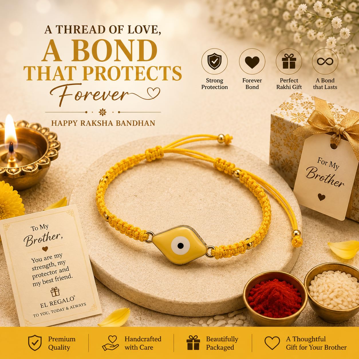 El Regalo Evil Eye Bracelet Rakhi for Brother with Roli Chawal in Gift Box (Yellow)