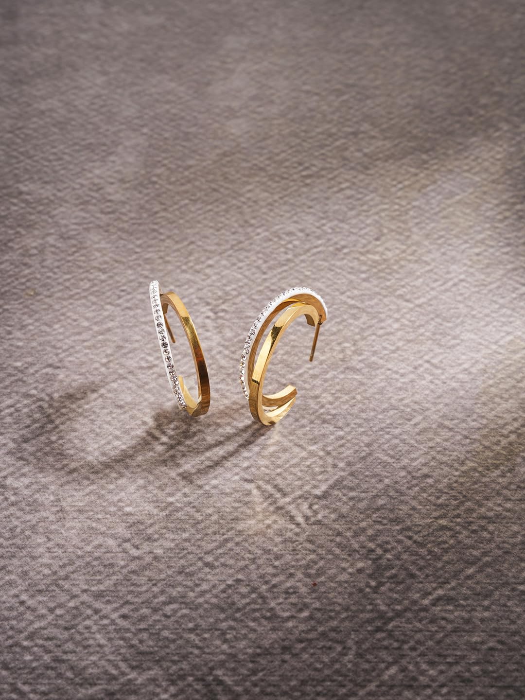 El Regalo Luxury & Creative Stainless Steel Layered C Half Hoop Earrings- Bold & Beautiful, Modern Hoops for Women/Girls (Double-Hoops with CZ Crystals)