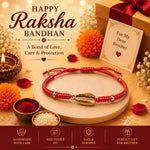El Regalo Red Silk Thread Golden Shell Rakhi for Brother - Elegant Lucky Cowrie Shell Rakhi with Roli Chawal in Gift Box (Red Golden Shell)