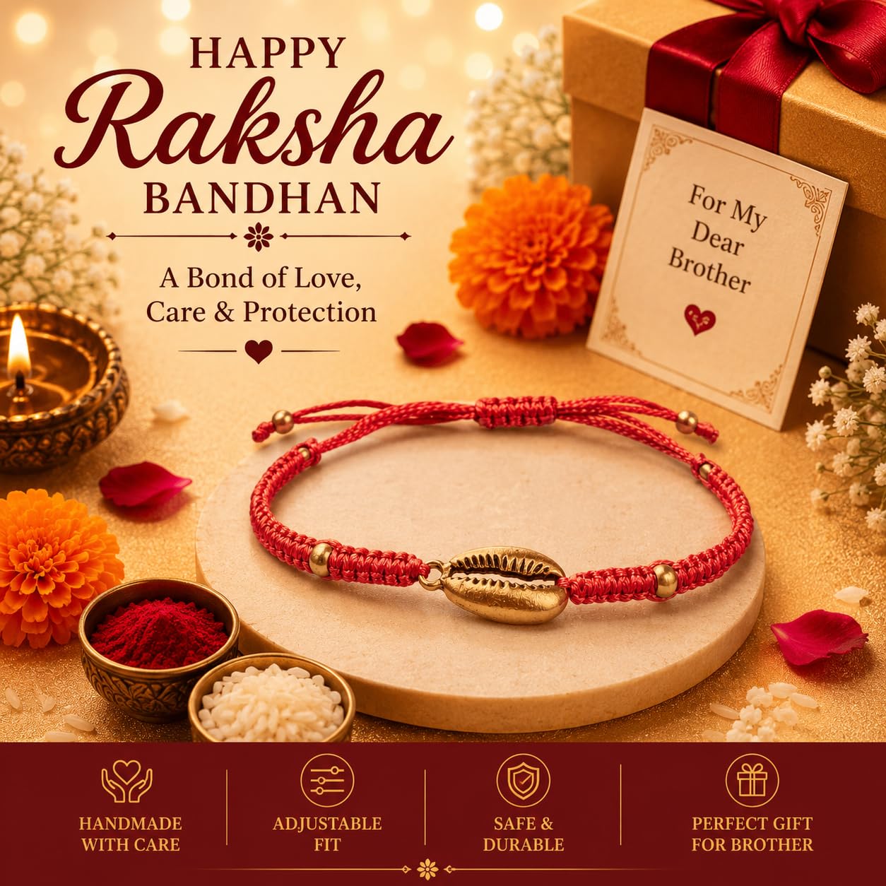El Regalo Red Silk Thread Golden Shell Rakhi for Brother - Elegant Lucky Cowrie Shell Rakhi with Roli Chawal in Gift Box (Red Golden Shell)
