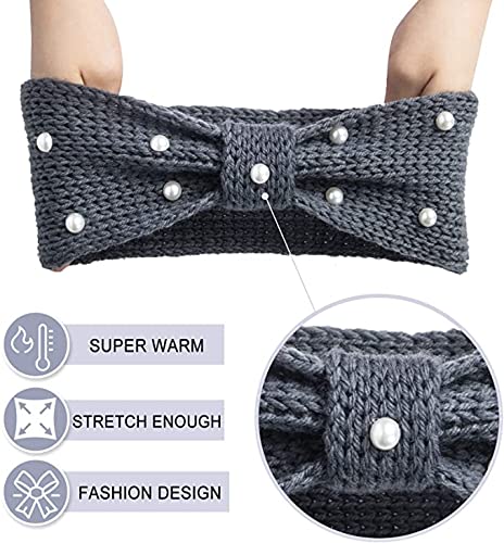 El Regalo Knitted Woolen Pearls Headband, Headwrap, Ear Warmer, Ear Muffs Band, Winter Headbands for Girls, Teens & women (Gray)