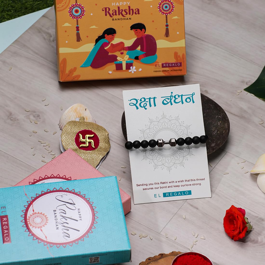 El Regalo 1pc Gymheads Dumbbell Bracelet Rakhi for Gym Lover Brother- Gym Rakhi with Roli Chawal, Rakhi Message Card in Gift Box (Black)