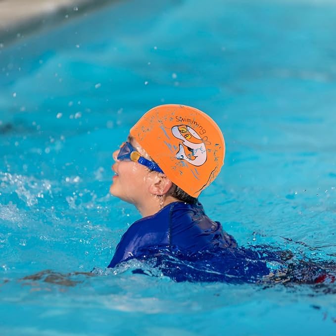 El Regalo 1PC of Cute Kids Dolphin PU Swimming Caps for Girls & Boys- Waterproof, Animal Print Swimming Cap (for Kids 6-12 Years) (Orange Fish Swim Cap)