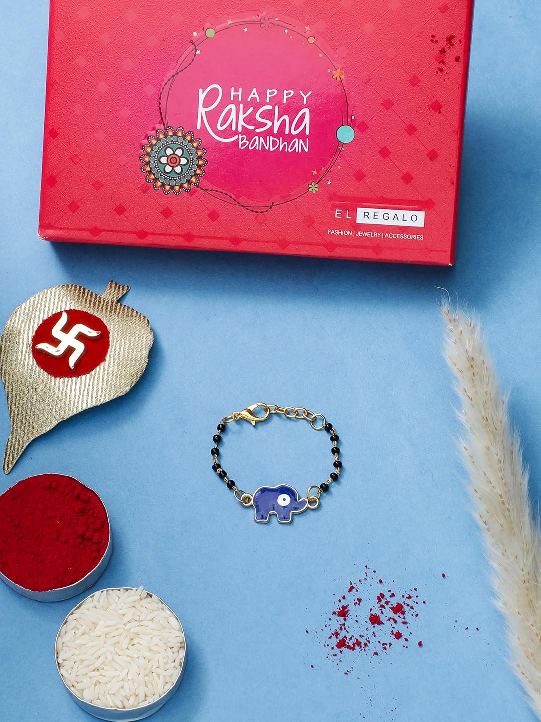 El Regalo Cute Evil Eye Nazaria Bracelet Rakhi for Babies/Kids with Roli Chawal, Rakhi Message card in Rakhi Gift Box- Baby Nazaria Rakhi (Blue Elephant Nazaria Rakhi)