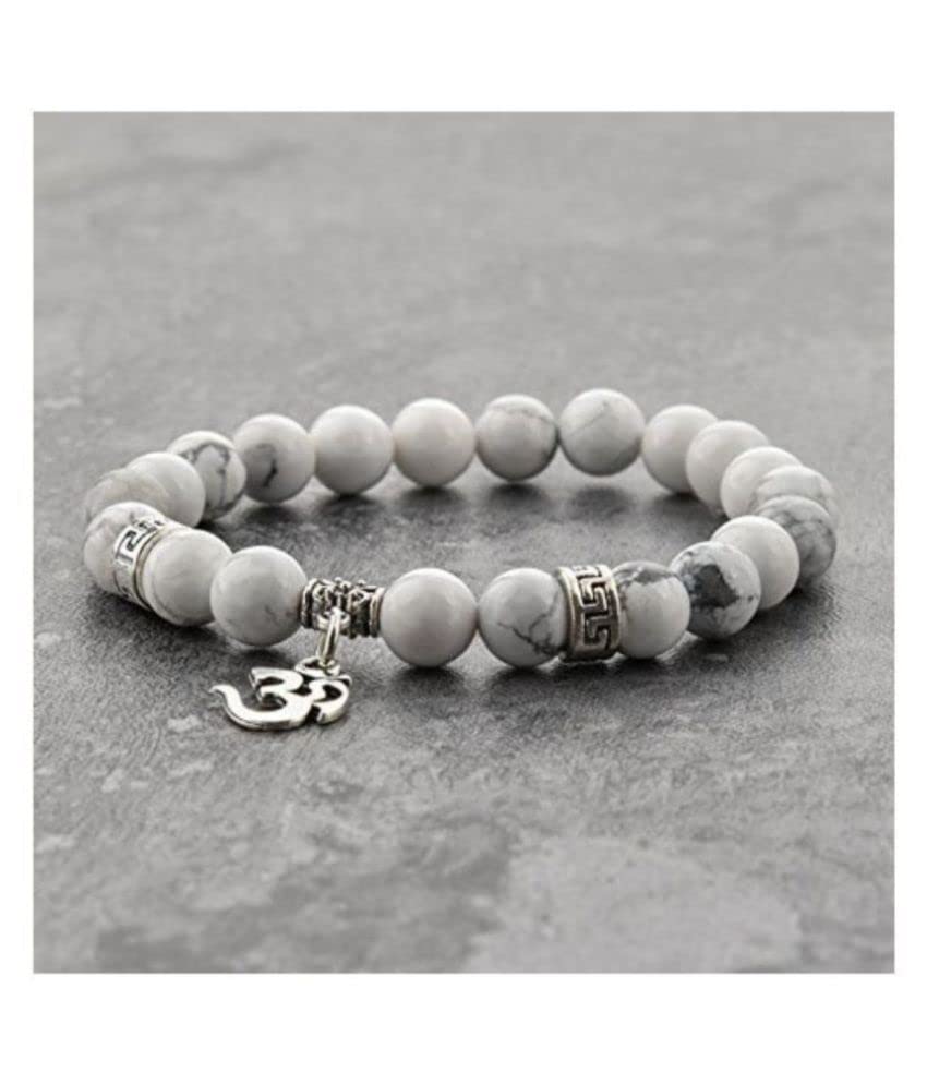 El Regalo OM Charm Healing Yoga 8mm Beads Stretchable Bracelets for Men/Women | OM Yoga Spiritual Jewelry (White)