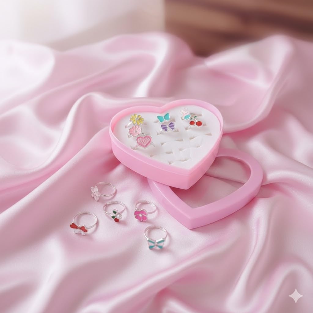 El Regalo 12 Pcs Cute Adjustable Rings Set for Kids/Girls/Women - Colorful Cartoon Enamel Finger Rings | Adjustable Cute Jewelry Gift Box - Butterfly, Flower, Bow, Heart, Cherry Designs (Style-3)
