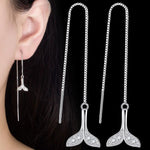 El Regalo Modern Sui Dhaga Threader Earrings for Women - Minimalist Long Pull Through Chain Earrings - Light Dangle Needle Threaders for Multiple Piercings, Sensitive Ears (Silver Whale Tail)
