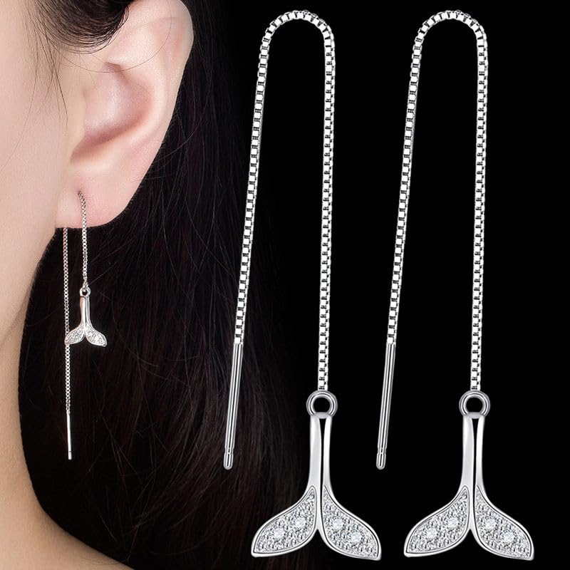 El Regalo Modern Sui Dhaga Threader Earrings for Women - Minimalist Long Pull Through Chain Earrings - Light Dangle Needle Threaders for Multiple Piercings, Sensitive Ears (Silver Whale Tail)