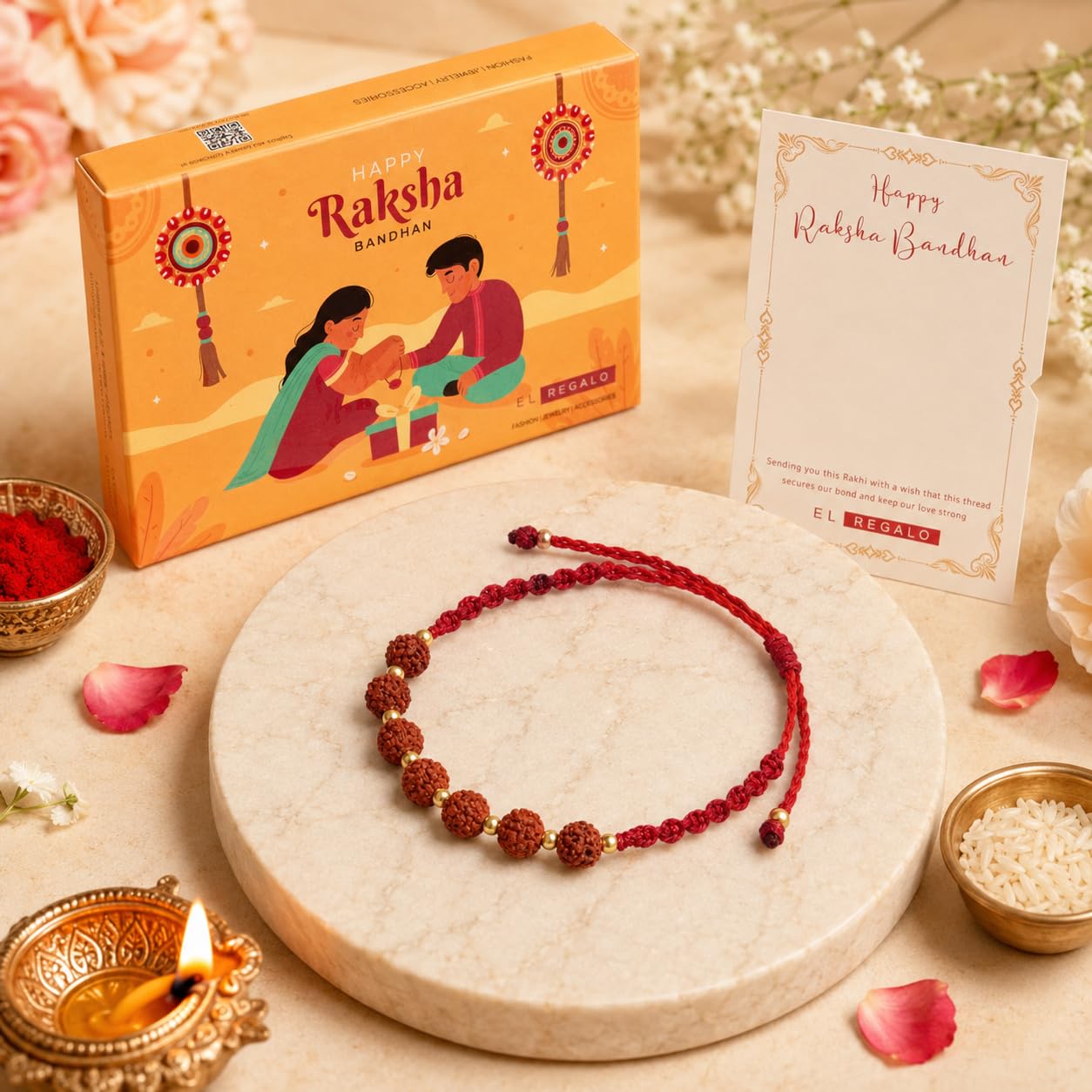 El Regalo Unisex-Adult 1 Pc Rudraksha Rakhi For Brother Lord Shiva With Shagun, Rakhi Message Card In Rakhi Gift Box For Bhai (Rudraksha Multi Beads)