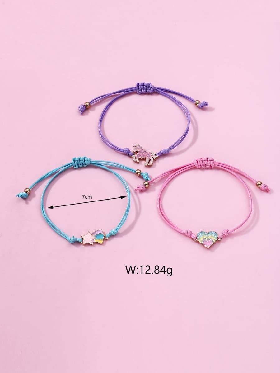 El Regalo 3pcs/set Multicolor Unicorn Heart Smilies Rainbow Stars Camera Cloud Handmade Woven Rope Thread Braided Bracelet with Spray Lacquer Accessories For Kids/Girls/Teens (Option-1)