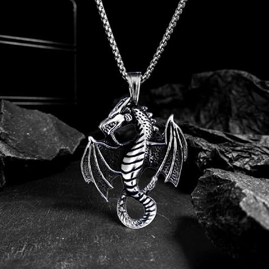El Regalo Dragon Necklace for Men | Norse Viking Dragon Pendant Necklace with Chain | Gothic Dragon Wings Amulet Necklace | Stainless Steel Fantasy Jewelry for Men & Boys